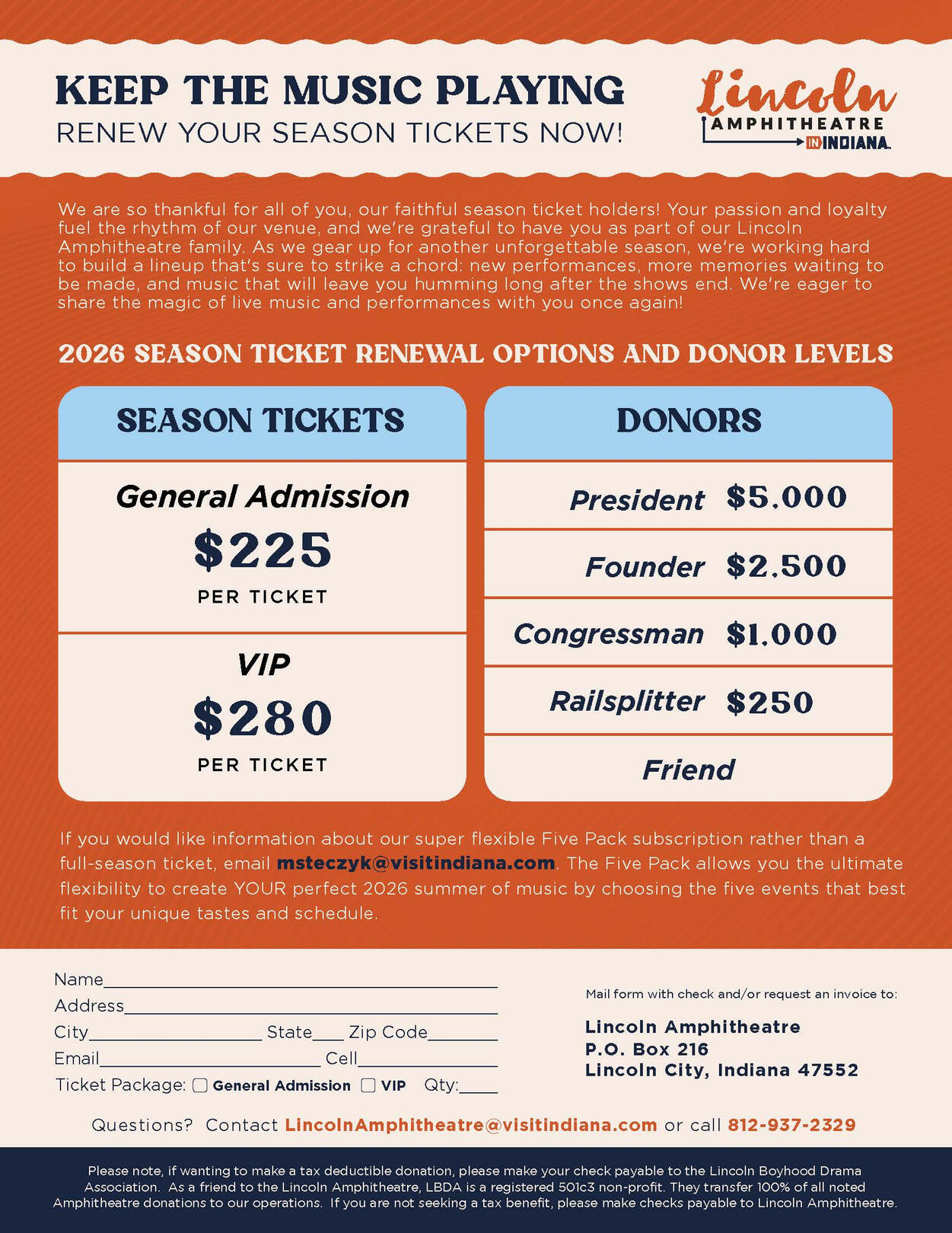 Season Ticket Form, Back Lincoln Amphitheatre